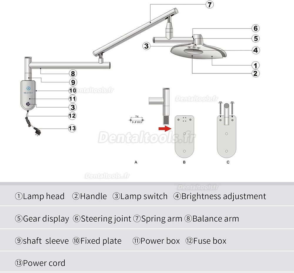 KWS KD-2012B-5 lampe scialytique dentaire LED sans ombre 90W montage mural